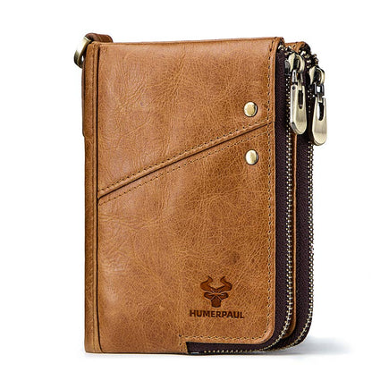 RFID Blocking Men&#39;s Wallets With Chain High Quality Cowhide Zipper Coin Pocket Card Holder Anti-Theft Chain Clutch Money Bag