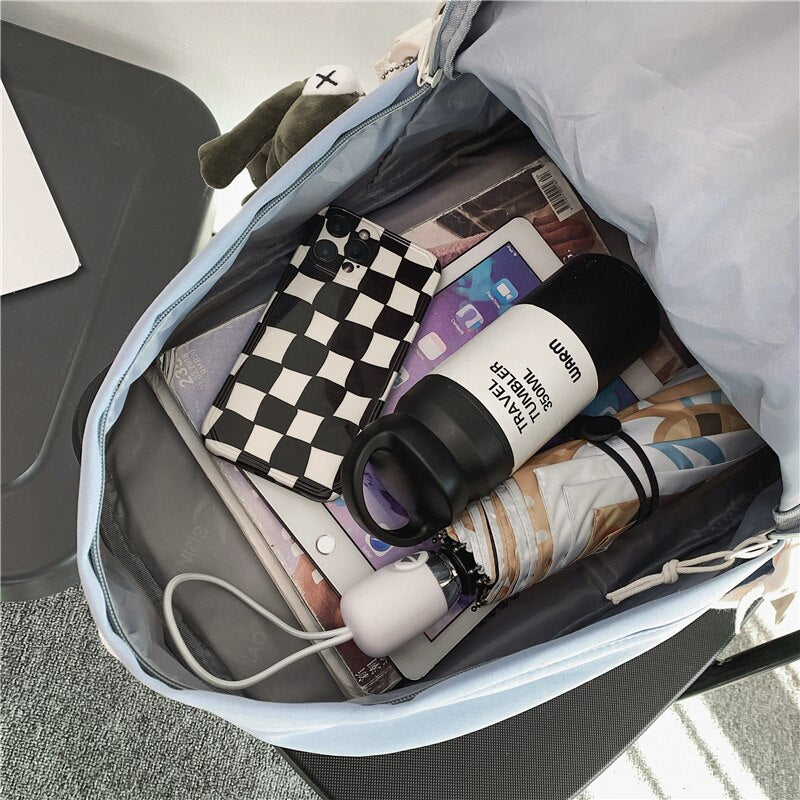 Preppy Panelled Waterproof Nylon Women Backpack Men Letter Printing Cool Travel Bag College Couples Big Schoolbag Kawaii Bookbag