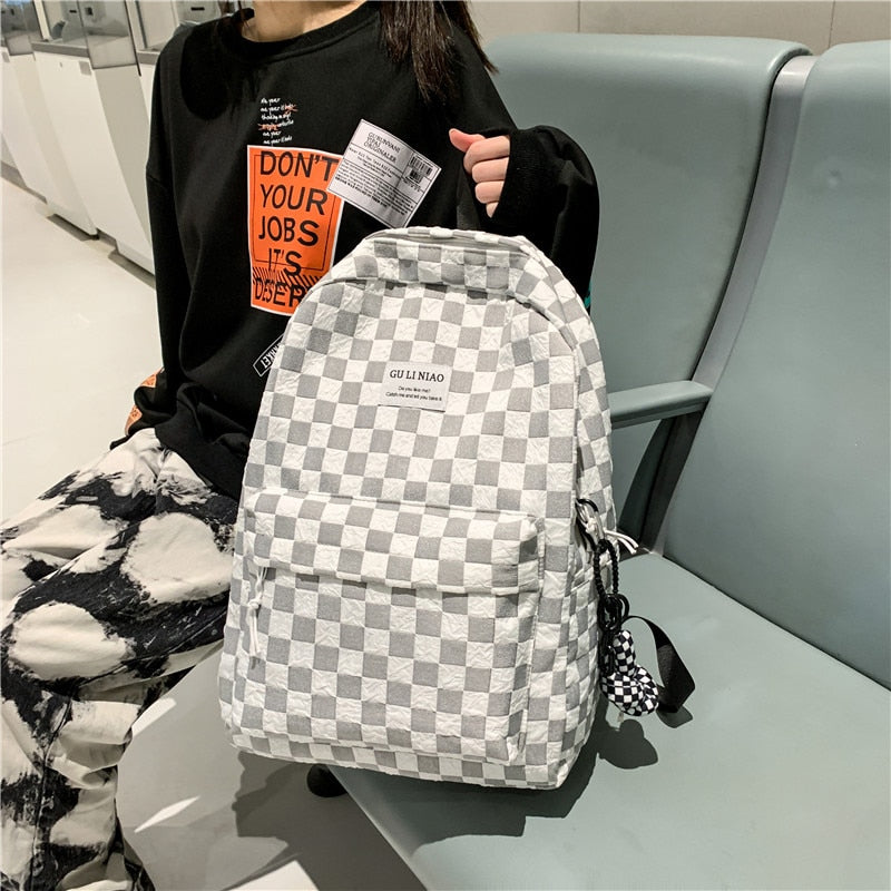 Fashion Plaid Backpack Women Cotton Portable Traveling Bag Unisex Preppy Schoolbag for Boy Girl Students Lovely Laptop Backpacks