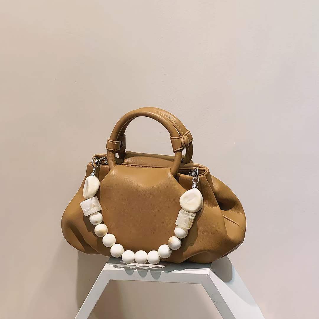 Ins Hot Fashion Soft Ruched Tote Hobo Bag Soft Leather Hobo Shoulder Bag with Pearl String Handle Unique
