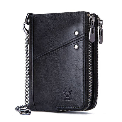 RFID Blocking Men&#39;s Wallets With Chain High Quality Cowhide Zipper Coin Pocket Card Holder Anti-Theft Chain Clutch Money Bag