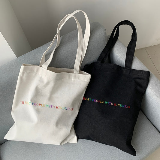 YWBK Women Bag Fashion Canvas Treat People with Kindness Letter Casual Big Capacity Harajuku WomenNew Fun Vintage Shoulder Bag