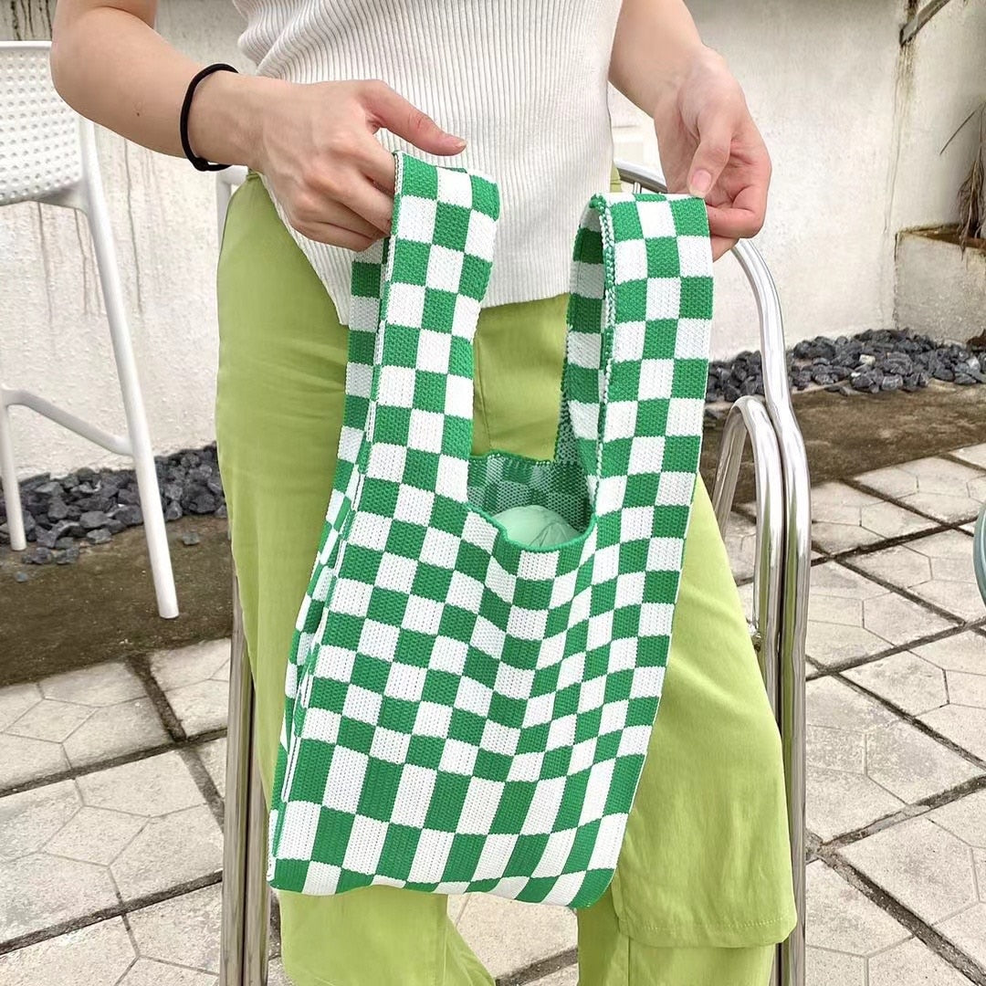 Women Knitted Checkerboard Shoulder Bags Korean Ins Woolen Plaid Cosmetic Handbag Totes For Females Fashion Daily Shopping Bag