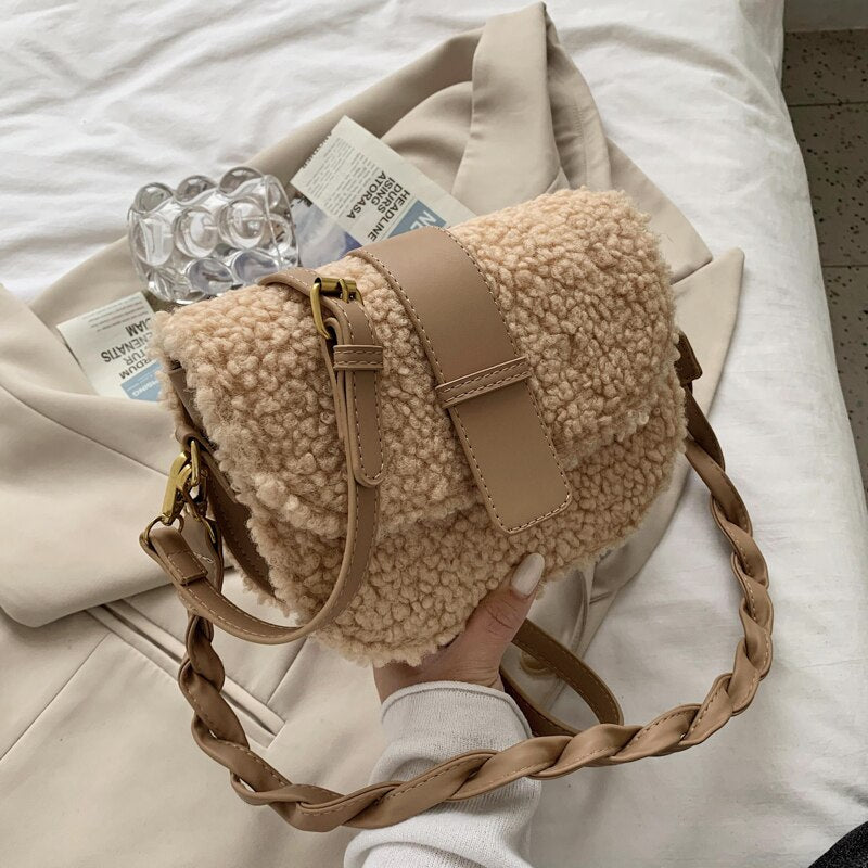 Winter Women&#39;s Shoulder Bag Messenger Weave Strap Saddle Armpit Bag New High-quality Plush Fur Bag Women&#39;s Handbag Designer