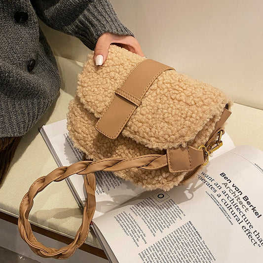 Winter Women&#39;s Shoulder Bag Messenger Weave Strap Saddle Armpit Bag New High-quality Plush Fur Bag Women&#39;s Handbag Designer