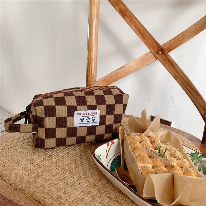 Korean Fashion Pencil Case Corduroy Plaid&Flowers Makeup Bag Lipsticks Bag Women Neceser Small Cosmetic Bag Beauty Organizer Bag