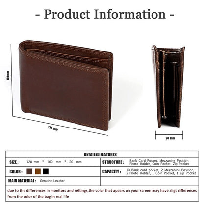 RFID Genuine Leather Men Wallets Short Vintage Card Holder Zipper Coin Pocket Male Wallet Photo Holder Multifunction Men Purses