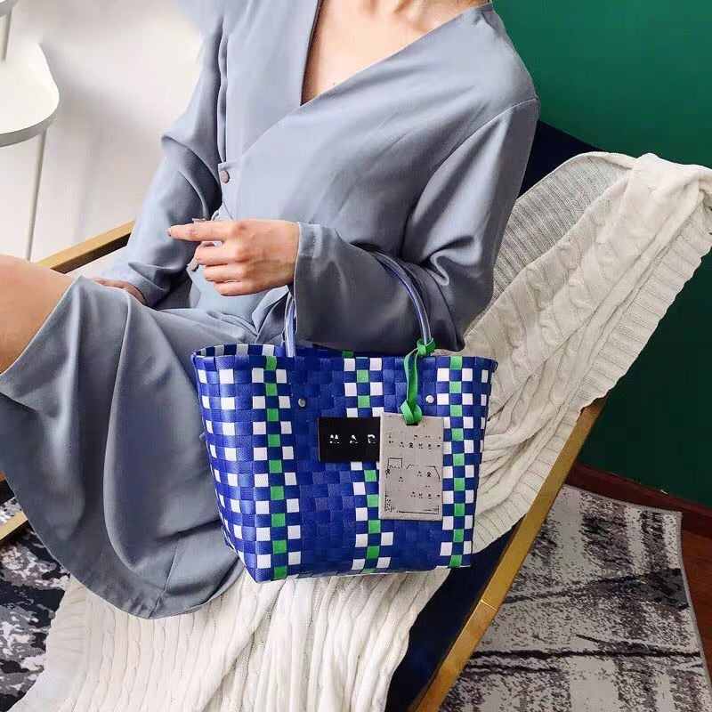 Luxury Designer Brand Logo Bag for Woman Charity Edition Shopping Tote Design Handbags Summer Beach Hand Woven Plaid Basket