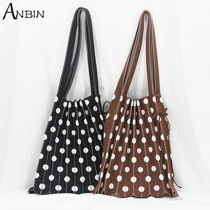 Women&#39;s Polka Dot Pleated Bag Folded Contrast Color Wool Knit Female Fashion Shoulder Handbag Organ Large Capacity Shopping Tote