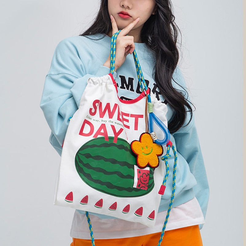 Bebobsons New Canvas Reusable Shoulder Bag Women Fruit Print Luxury Handbag Large Capacity Shopping Bag