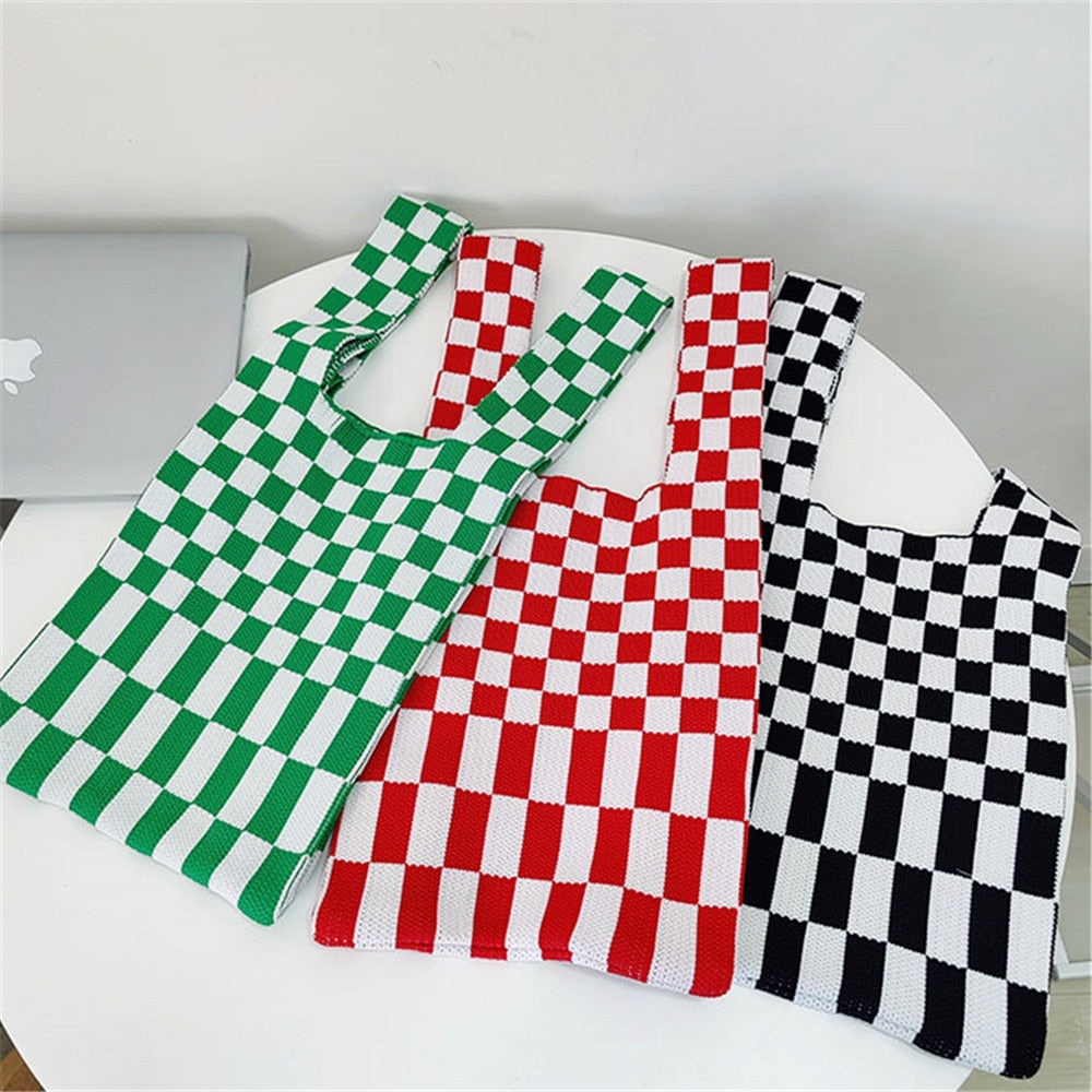 Women Knitted Checkerboard Shoulder Bags Korean Ins Woolen Plaid Cosmetic Handbag Totes For Females Fashion Daily Shopping Bag