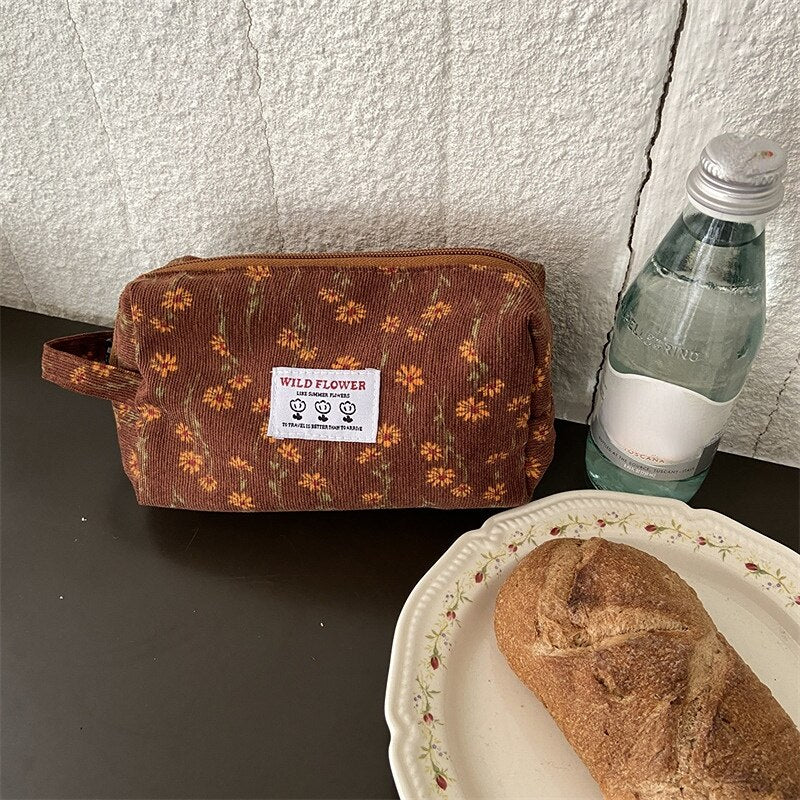 Korean Fashion Pencil Case Corduroy Plaid&Flowers Makeup Bag Lipsticks Bag Women Neceser Small Cosmetic Bag Beauty Organizer Bag