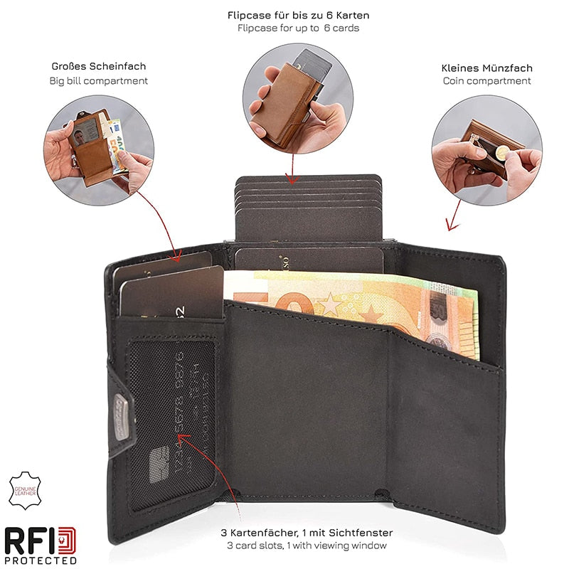 Genuine Leather Rfid Card Holder Men Wallets Slim Thin Coin Pocket Wallet Money Bags Luxury Mini Metal Wallet Male Purses Walet