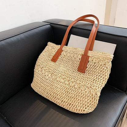 Straw Beach Bag Vintage Handmade Woven Shoulder Bag Bohemian Summer Vacation Casual Shoulder Bag Shopping Pouch