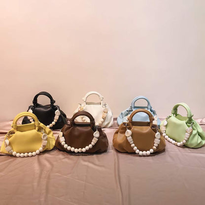Ins Hot Fashion Soft Ruched Tote Hobo Bag Soft Leather Hobo Shoulder Bag with Pearl String Handle Unique