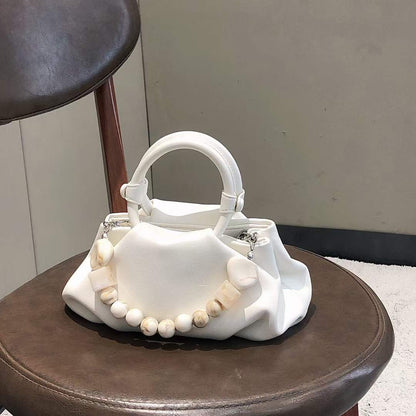Ins Hot Fashion Soft Ruched Tote Hobo Bag Soft Leather Hobo Shoulder Bag with Pearl String Handle Unique