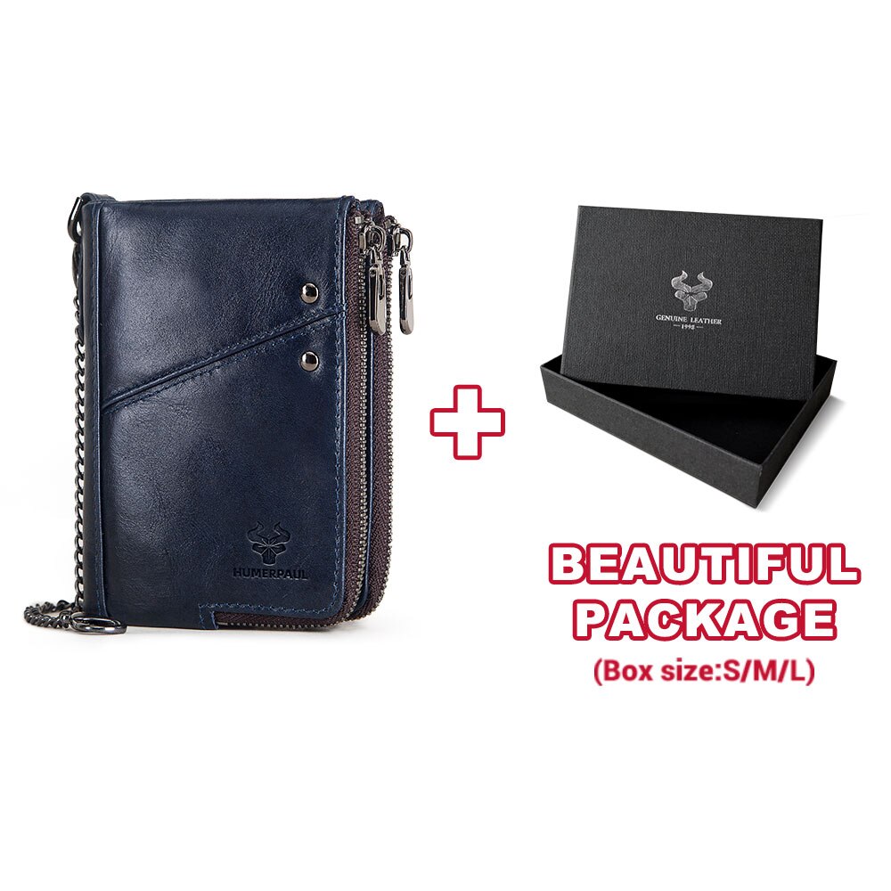 RFID Blocking Men&#39;s Wallets With Chain High Quality Cowhide Zipper Coin Pocket Card Holder Anti-Theft Chain Clutch Money Bag