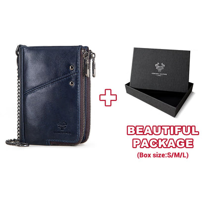 RFID Blocking Men&#39;s Wallets With Chain High Quality Cowhide Zipper Coin Pocket Card Holder Anti-Theft Chain Clutch Money Bag