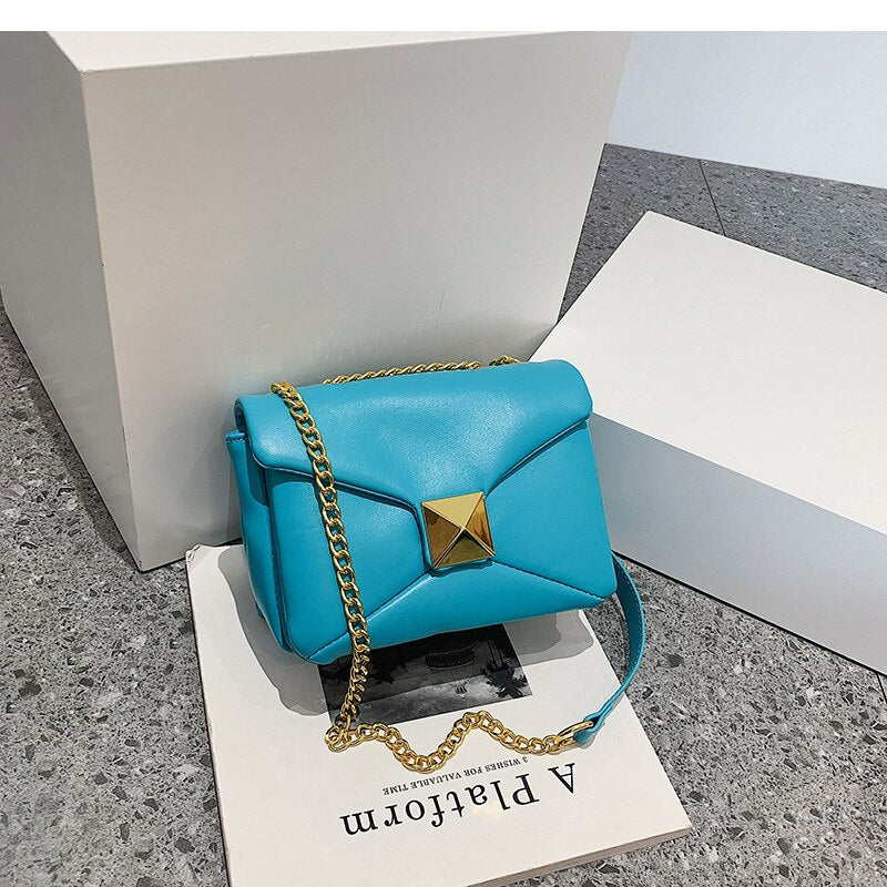 New Top Quality Luxury Brand Golden Big Rivet Chain Bag Shoulder Small Square Bag Fashion Hand-held Oblique Crossbody Women Bag