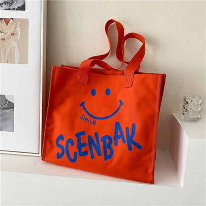 Large-capacity Smiley Canvas Bags for Women Handbags Korean Version Trend New Simple Shoulder Bag Fashion Versatile Shopping Bag