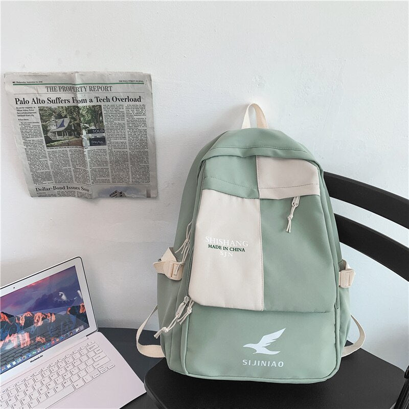 Preppy Panelled Waterproof Nylon Women Backpack Men Letter Printing Cool Travel Bag College Couples Big Schoolbag Kawaii Bookbag