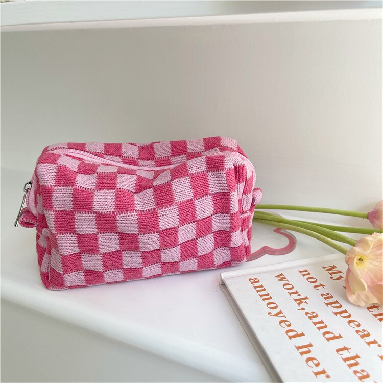 Korean Fashion Pencil Case Corduroy Plaid&Flowers Makeup Bag Lipsticks Bag Women Neceser Small Cosmetic Bag Beauty Organizer Bag