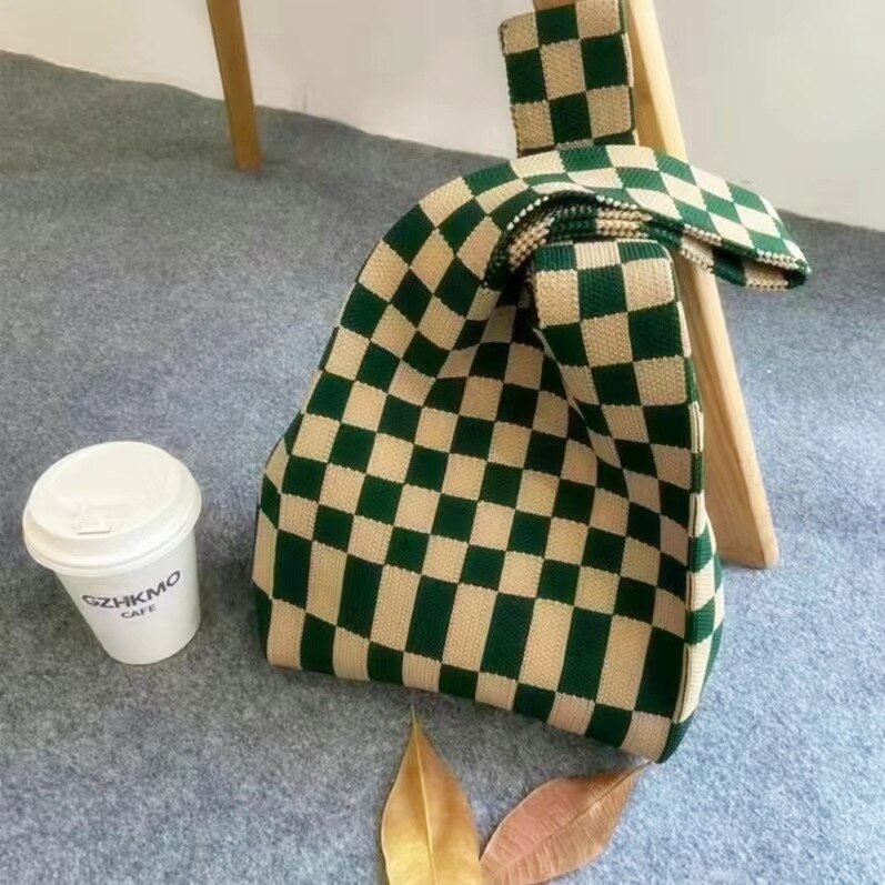 Women Knitted Checkerboard Shoulder Bags Korean Ins Woolen Plaid Cosmetic Handbag Totes For Females Fashion Daily Shopping Bag