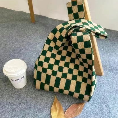 Women Knitted Checkerboard Shoulder Bags Korean Ins Woolen Plaid Cosmetic Handbag Totes For Females Fashion Daily Shopping Bag
