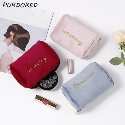 PURDORED 1 Pc Gold Thread Embroidery Cosmetic Bag for Women Vintage Velvet Make Up Bag Travel Solid Color Female Make Up Pouch