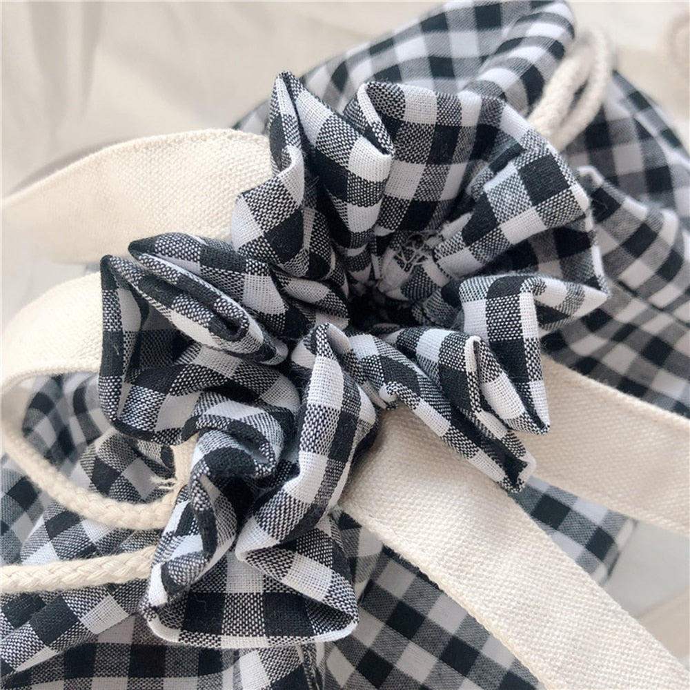 Shopping Bags Women Plaid Drawstring Casual Adjustable Large Capacity Cute Literary Students Shopper Canvas Simple Shoulder Bag