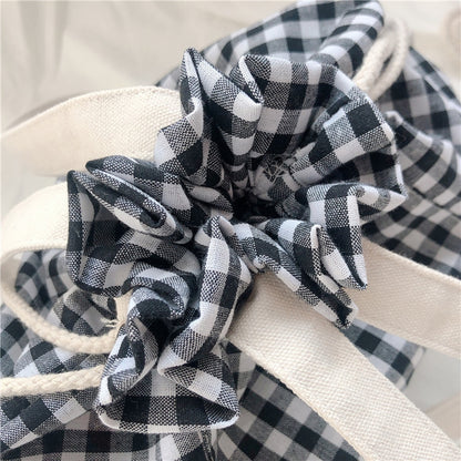 Shopping Bags Women Plaid Drawstring Casual Adjustable Large Capacity Cute Literary Students Shopper Canvas Simple Shoulder Bag