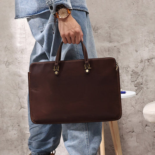 JOYIR Vintage Crazy Horse Leather Men Briefcase for 15inch Laptop Business Work Handbag Tote Laptop Sleeve Zipper Case New