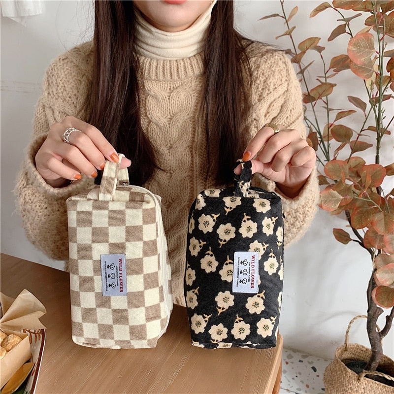 Korean Fashion Pencil Case Corduroy Plaid&Flowers Makeup Bag Lipsticks Bag Women Neceser Small Cosmetic Bag Beauty Organizer Bag