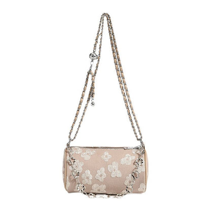 Canvas Chain Mini Shoulder Crossbody Bag Woman Flower Zipper Underarm Bags Solid Color All-Match Boston Barrel Handbag