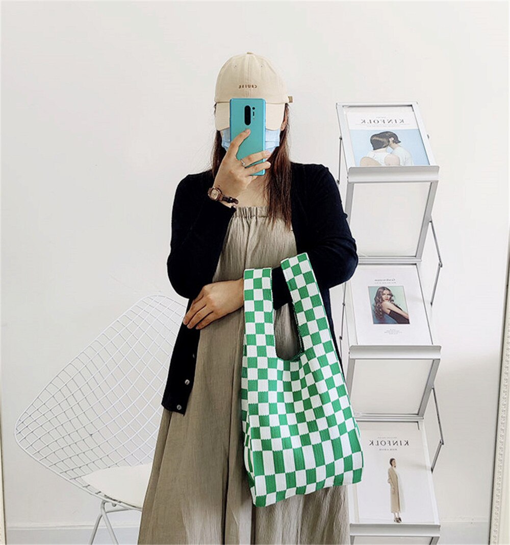 Women Knitted Checkerboard Shoulder Bags Korean Ins Woolen Plaid Cosmetic Handbag Totes For Females Fashion Daily Shopping Bag