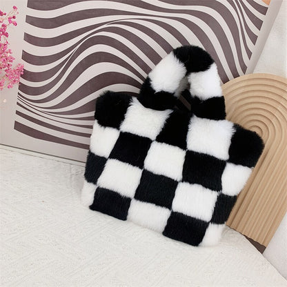 Autumn/winter new chessboard design Fur lady bag imitation fur handbag with crossbody chain