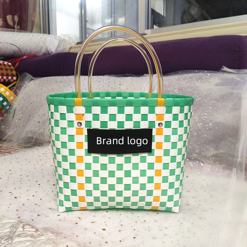 Luxury Designer Brand Logo Bag for Woman Charity Edition Shopping Tote Design Handbags Summer Beach Hand Woven Plaid Basket