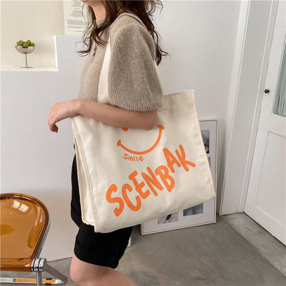 Large-capacity Smiley Canvas Bags for Women Handbags Korean Version Trend New Simple Shoulder Bag Fashion Versatile Shopping Bag