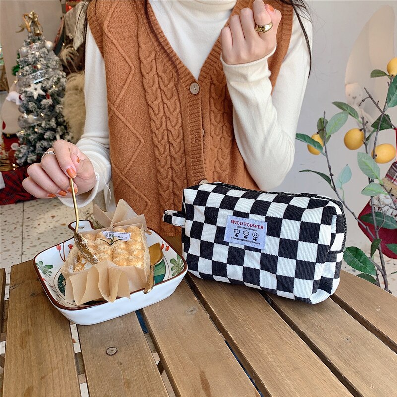 Korean Fashion Pencil Case Corduroy Plaid&Flowers Makeup Bag Lipsticks Bag Women Neceser Small Cosmetic Bag Beauty Organizer Bag
