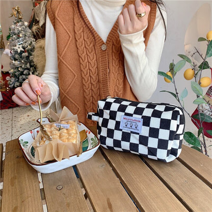 Korean Fashion Pencil Case Corduroy Plaid&Flowers Makeup Bag Lipsticks Bag Women Neceser Small Cosmetic Bag Beauty Organizer Bag