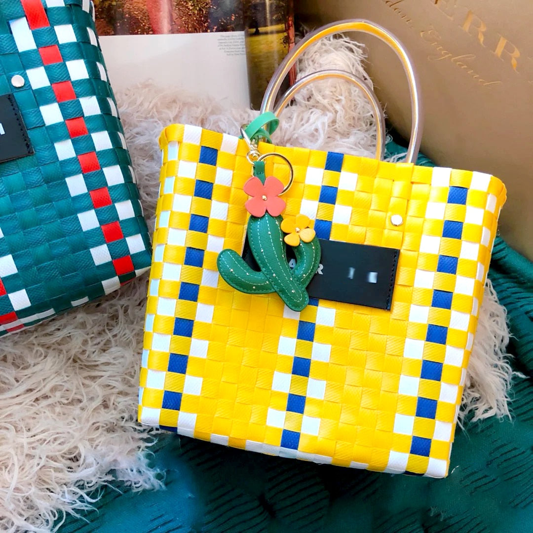 Luxury Designer Brand Logo Bag for Woman Charity Edition Shopping Tote Design Handbags Summer Beach Hand Woven Plaid Basket