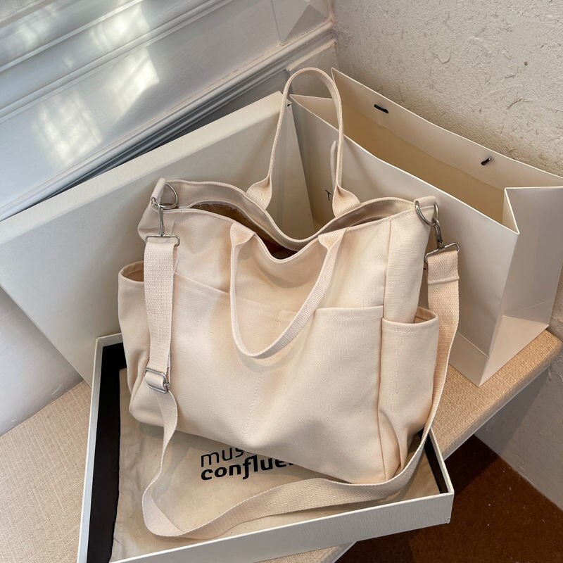 Unisex One Shoulder Crossbody Bags Double Canvas Bag Female Students Pack School Bags High Capacity Women Portable Handbag