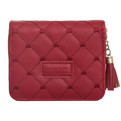 Japanese and Korean Ladies New Rhombus Tassel Wallet Trendy Magnetic Snap Zipper Coin Purse Short Folding Card Holder
