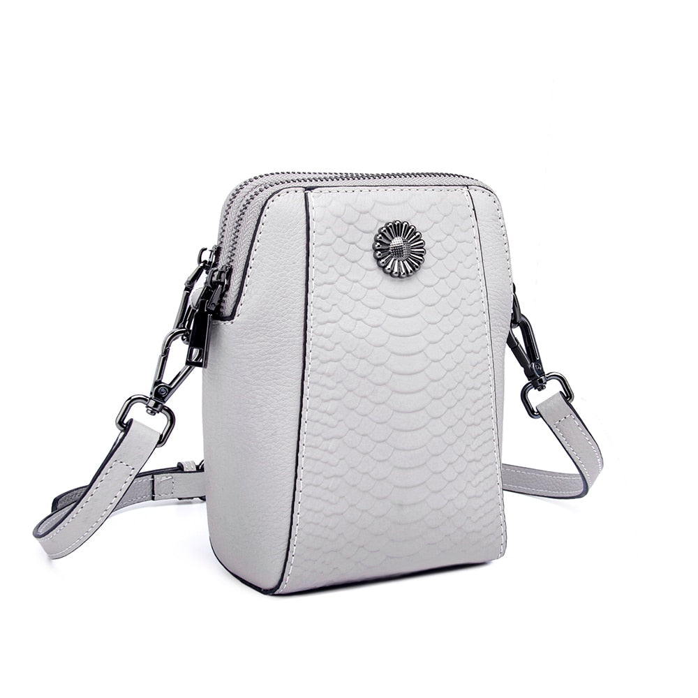 Genuine Leather Small Cross body Phone bags Crocodile Pattern double Zipper Mini cellphone purse with adjustable leather strap