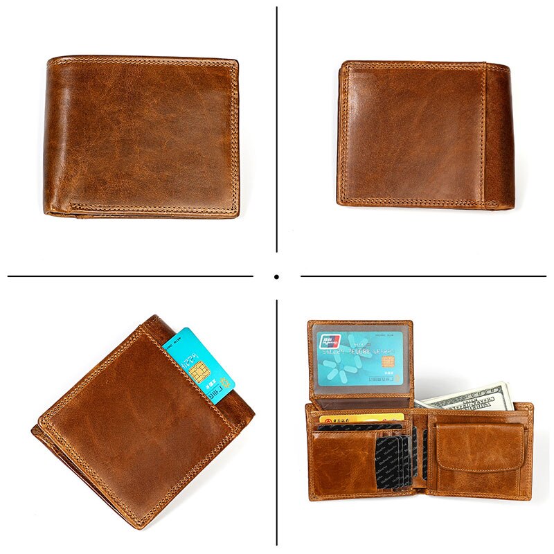 RFID Genuine Leather Men Wallets Short Vintage Card Holder Zipper Coin Pocket Male Wallet Photo Holder Multifunction Men Purses
