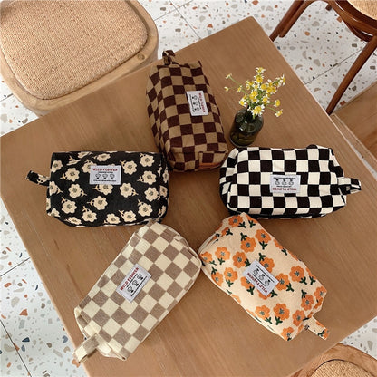 Korean Fashion Pencil Case Corduroy Plaid&Flowers Makeup Bag Lipsticks Bag Women Neceser Small Cosmetic Bag Beauty Organizer Bag