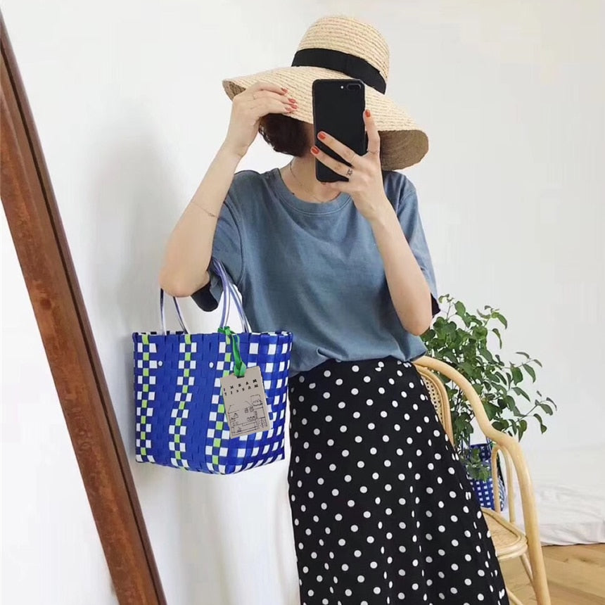 Luxury Designer Brand Logo Bag for Woman Charity Edition Shopping Tote Design Handbags Summer Beach Hand Woven Plaid Basket