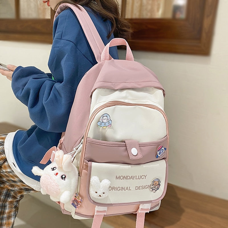 Ladies Kawaii Nylon Laptop Backpack Book Girl Travel Badge Bag Harajuku Female College Backpack Fashion Women School Bags Trendy