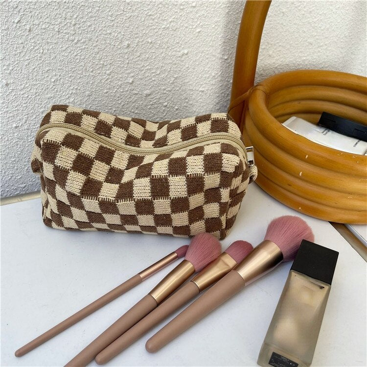 Korean Fashion Pencil Case Corduroy Plaid&Flowers Makeup Bag Lipsticks Bag Women Neceser Small Cosmetic Bag Beauty Organizer Bag