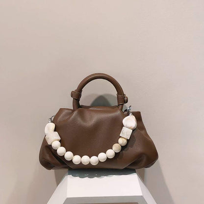 Ins Hot Fashion Soft Ruched Tote Hobo Bag Soft Leather Hobo Shoulder Bag with Pearl String Handle Unique